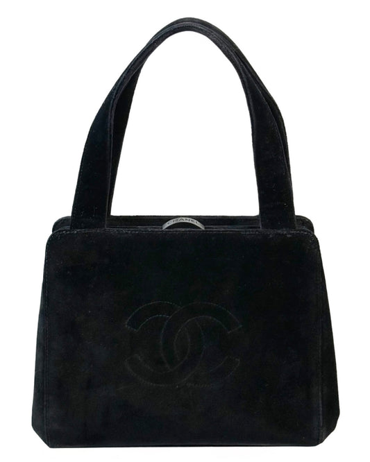 Chanel Vintage 1998 Black Velour Velvet CC Logo Kisslock Top Handle Mini Bag