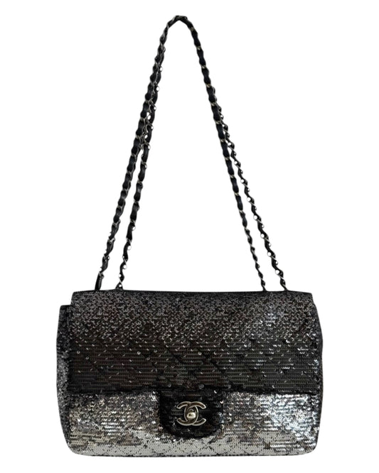 Chanel 2015 Gradient Black & Silver Sequin Quilted Medium Classic Single Flap Bag