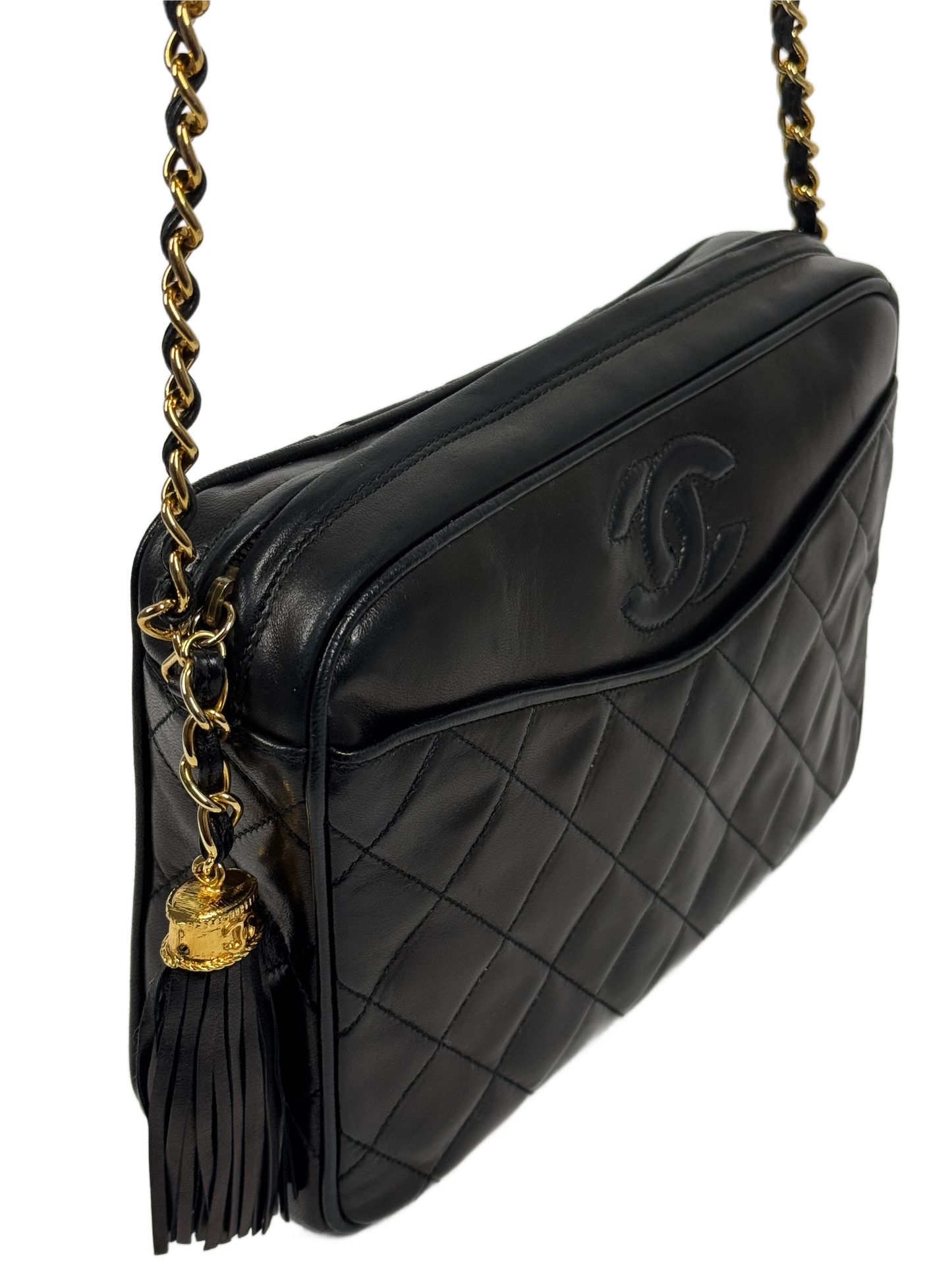 Chanel Vintage 80s Black Matelasse Quilted Lambskin Camera Chain Shoulder Bag with Fringe Tassel w 24K Gold Plated Hardware