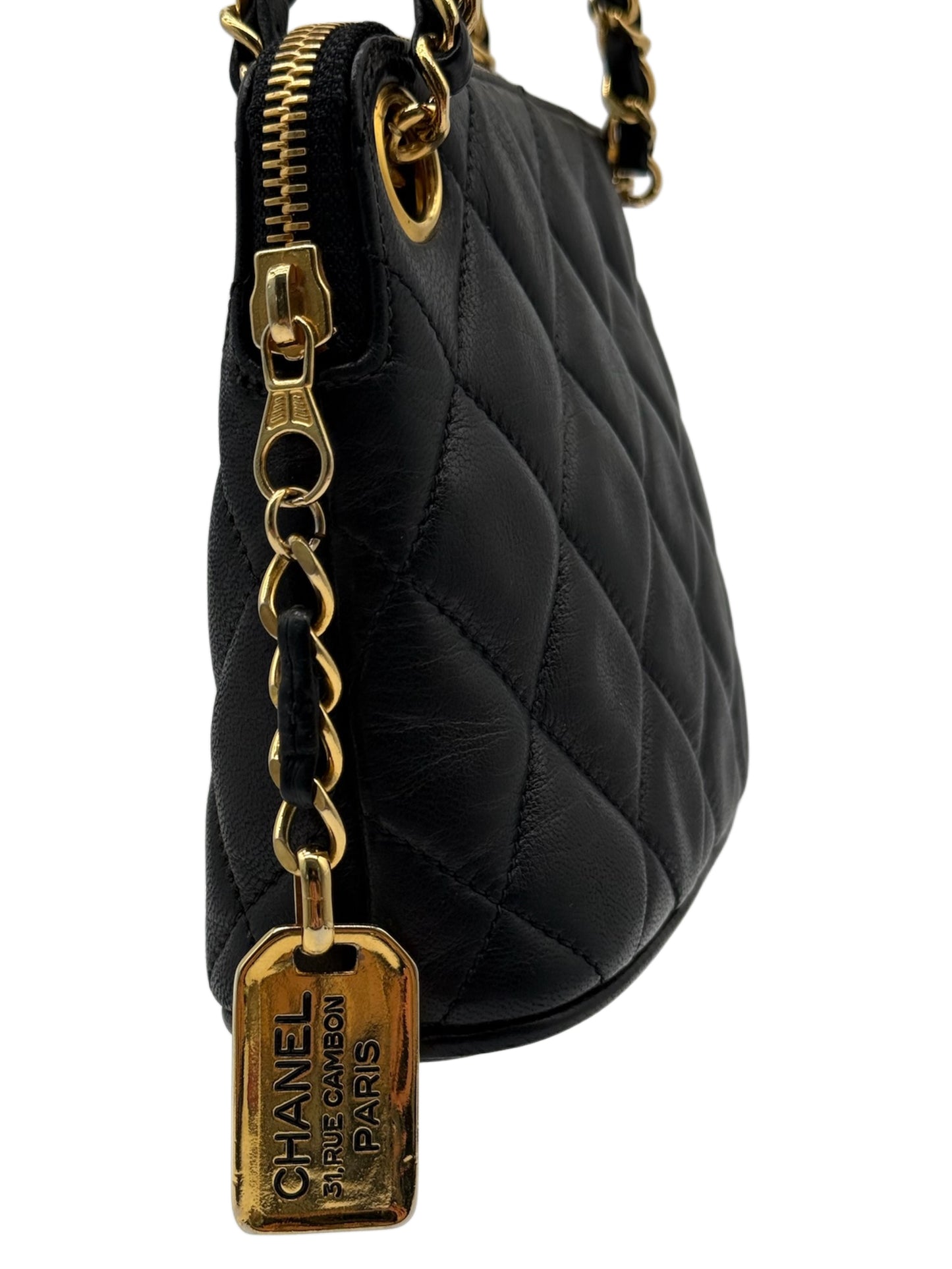 Chanel Vintage Black Quilted Lambskin Mini Chain Tag Top Handle Bag w 24K GPHW