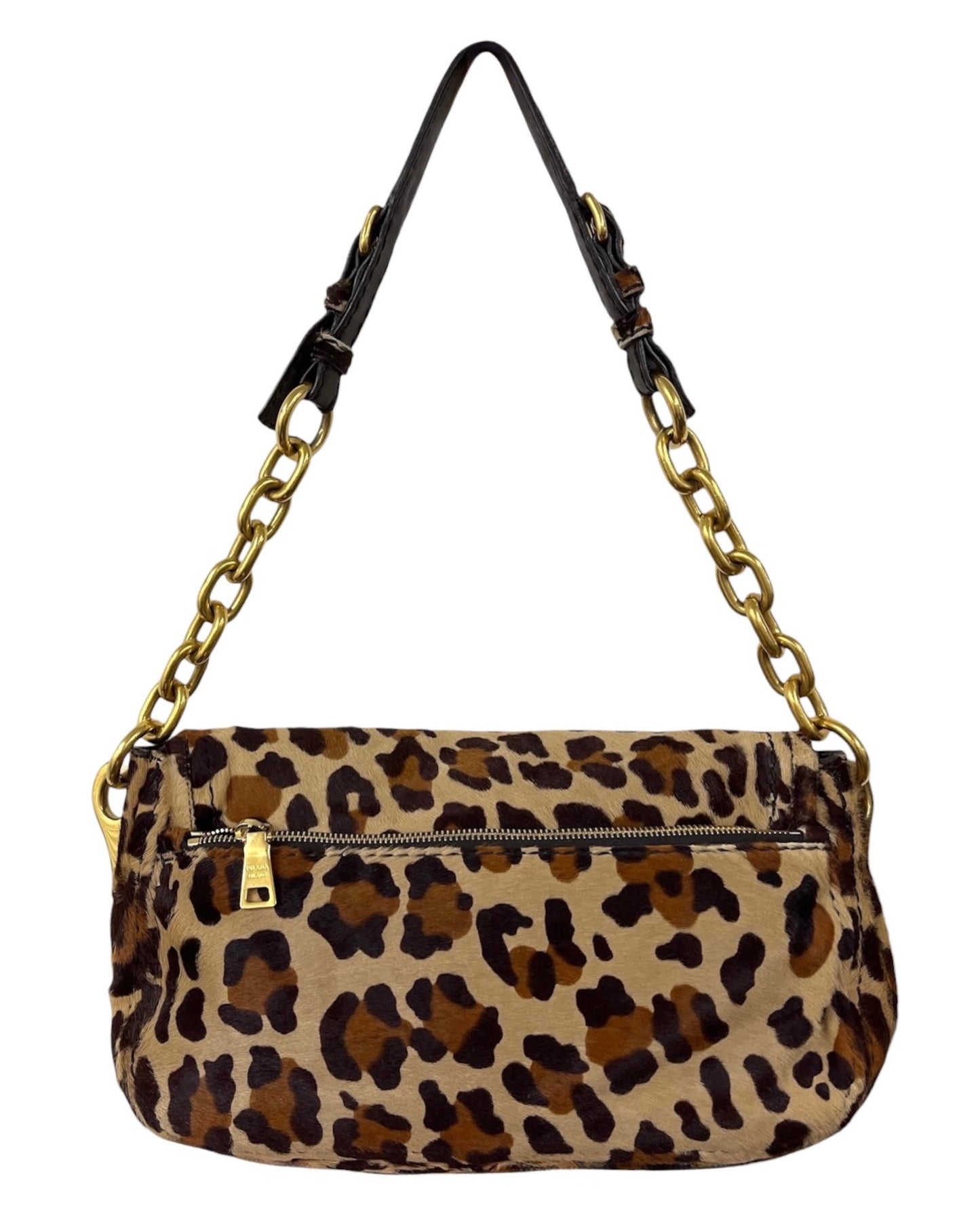 Prada Vintage Leopard Print Pony Hair Chain Link Buckle Small Shoulder Bag