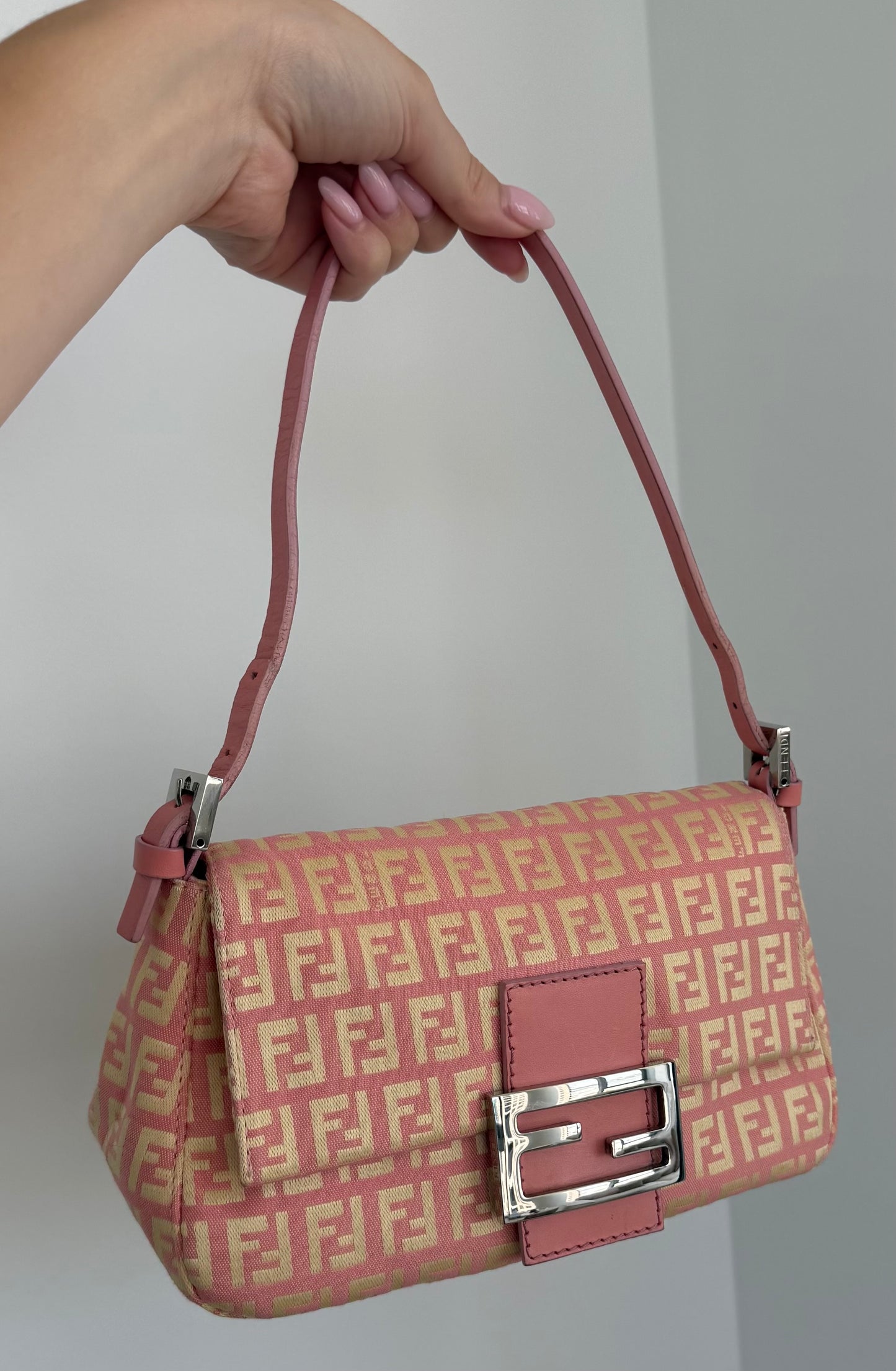 Fendi Vintage Pink & Yellow Zucchino Zucca Monogram Mini Mamma Baguette Shoulder Bag