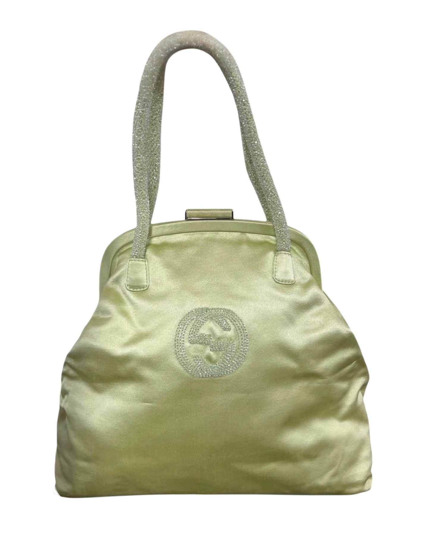 Gucci Vintage Pastel Lime Green Satin GG Beaded Small Kisslock Evening Bag