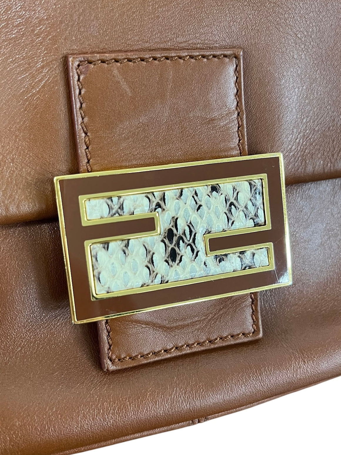 Fendi Vintage Cognac Brown Leather Snakeskin Logo Mini Mamma Shoulder Baguette Bag w Chain Strap