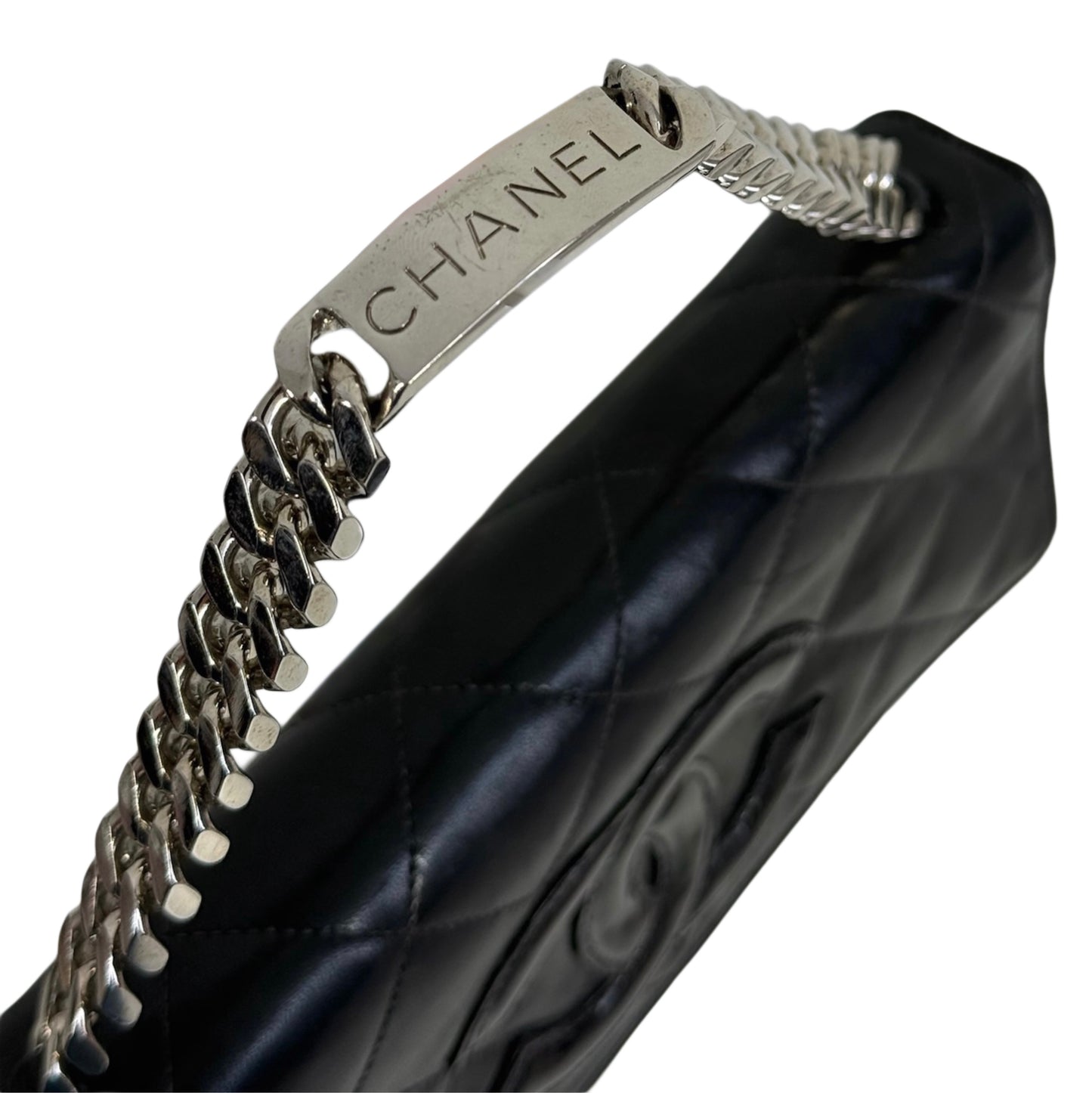 Chanel Vintage 90s Black Quilted Lambskin Patent CC Logo Bracelet Bag