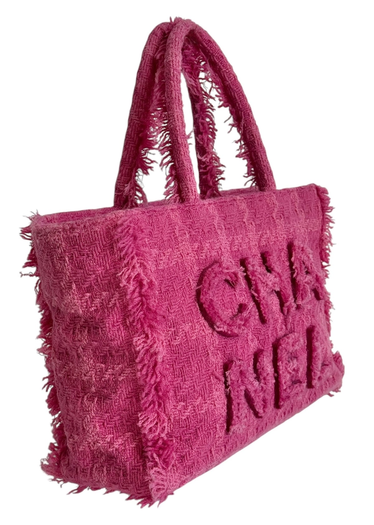 Chanel 2019 Pink Giant Logo Tweed Small Shoulder Shopping Tote Bag