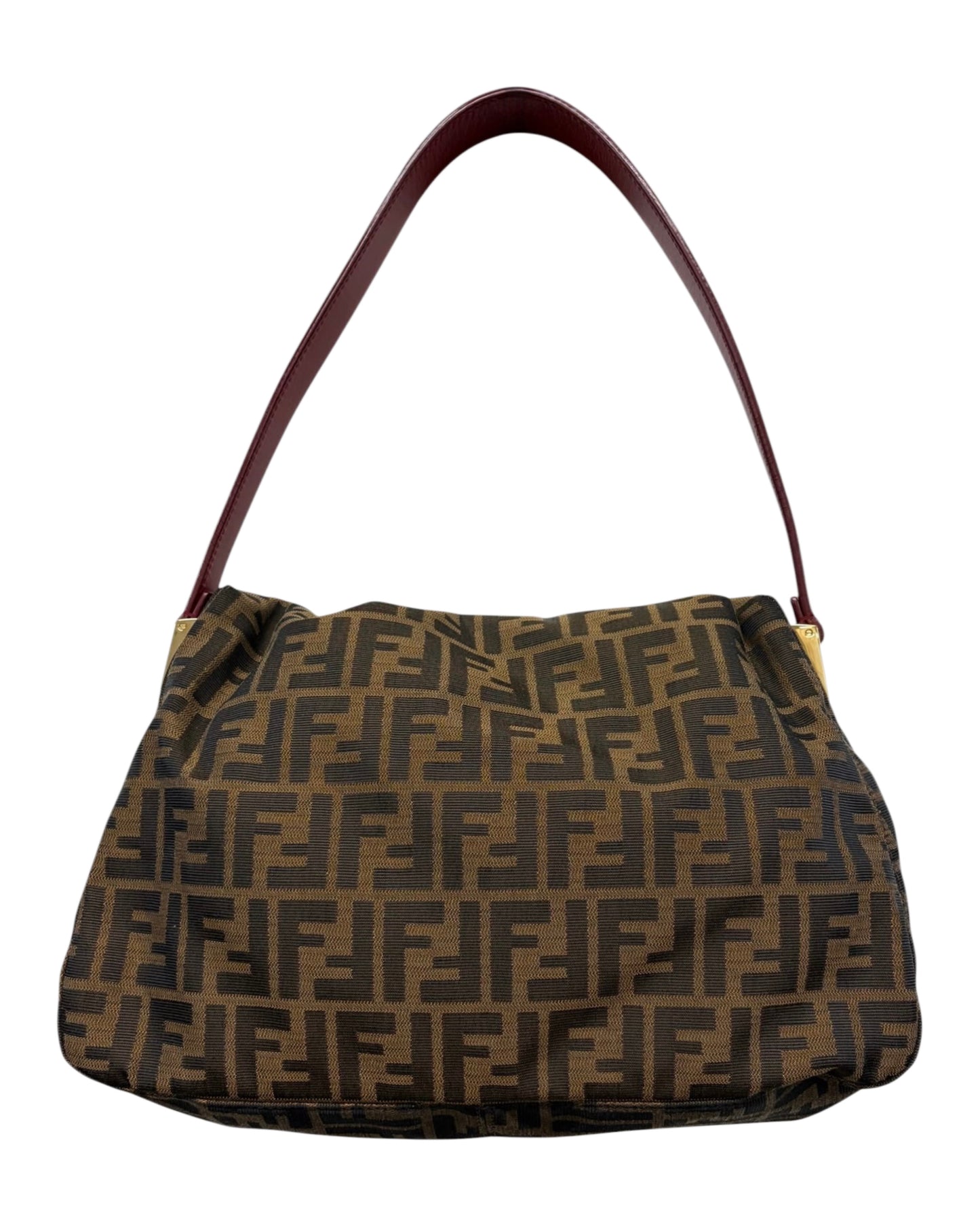 Fendi Vintage Brown Zucca Monogram Canvas Red Leather Trim XL Jumbo Mamma Baguette Shoulder Bag