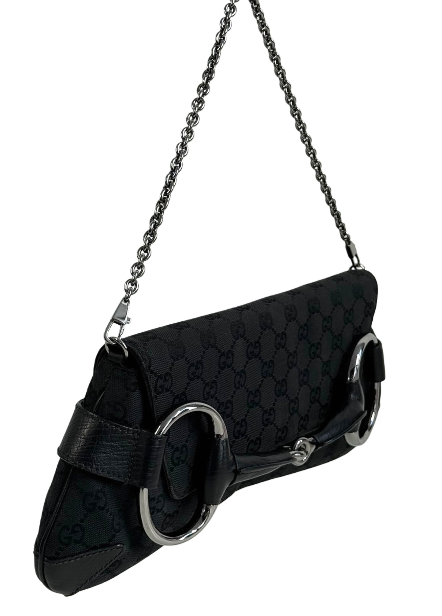 Gucci Vintage Black GG Monogram Horsebit Large Clutch Shoulder Bag