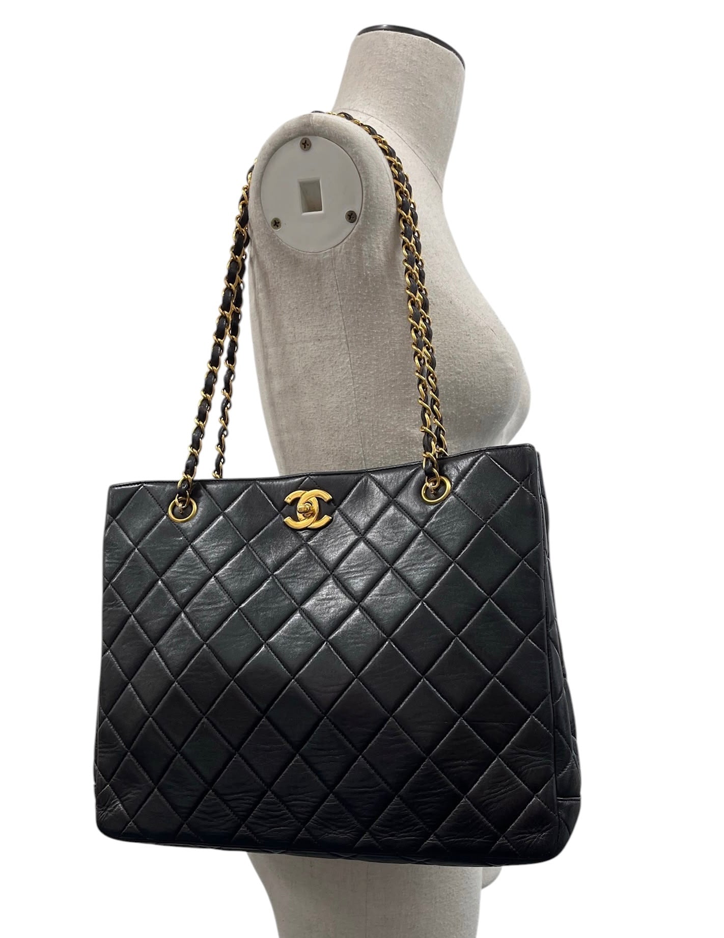 Chanel Vintage 90s Black Quilted Lambskin Classic Turnlock Shoulder Tote Bag with 24K Gold Plated Hardware
