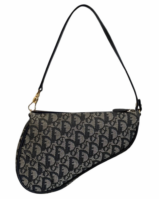 Dior Vintage 2001 Navy Blue Trotter Monogram Mini Saddle Pochette Shoulder Bag