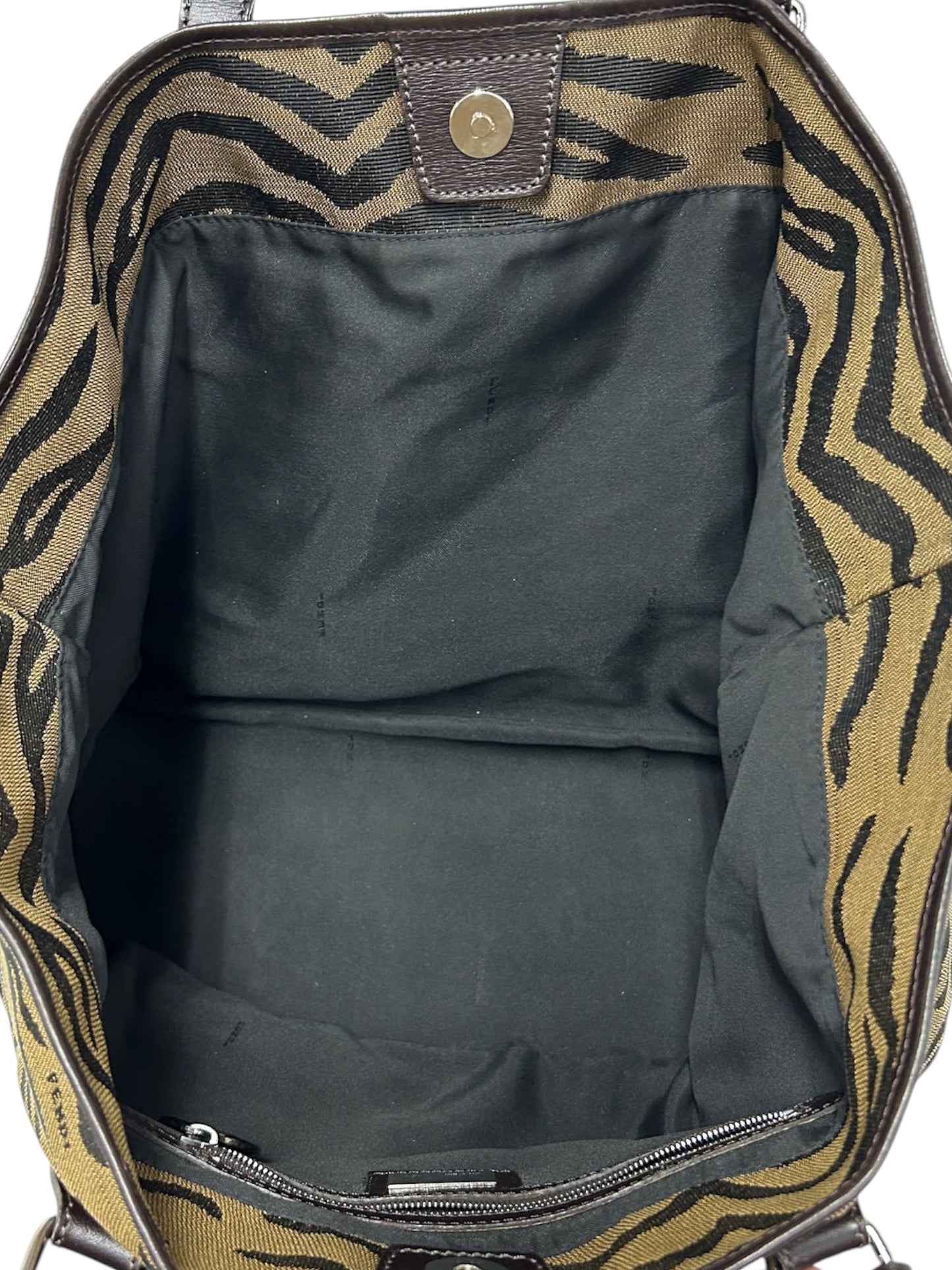 Fendi Vintage Brown Zebra Print Canvas Brown Leather Trim Shoulder Tote Bag  