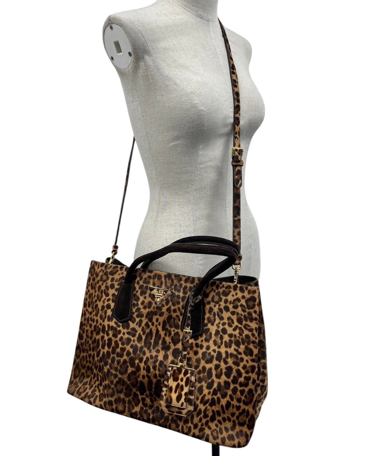 Prada Vintage Brown Suede & Leopard Print Pony Hair Large Two-Way Shoulder Tote Bag