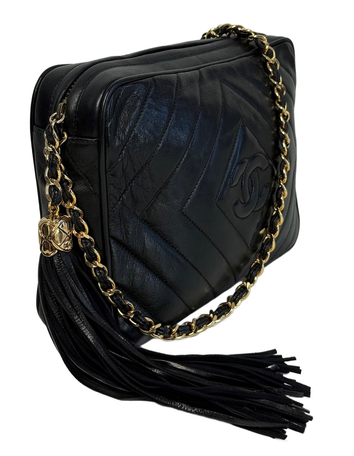 Chanel Vintage Black Quilted Trapezoid Quilted Lambskin Tassel Camera Bag w 24K Gold Plated Hardware