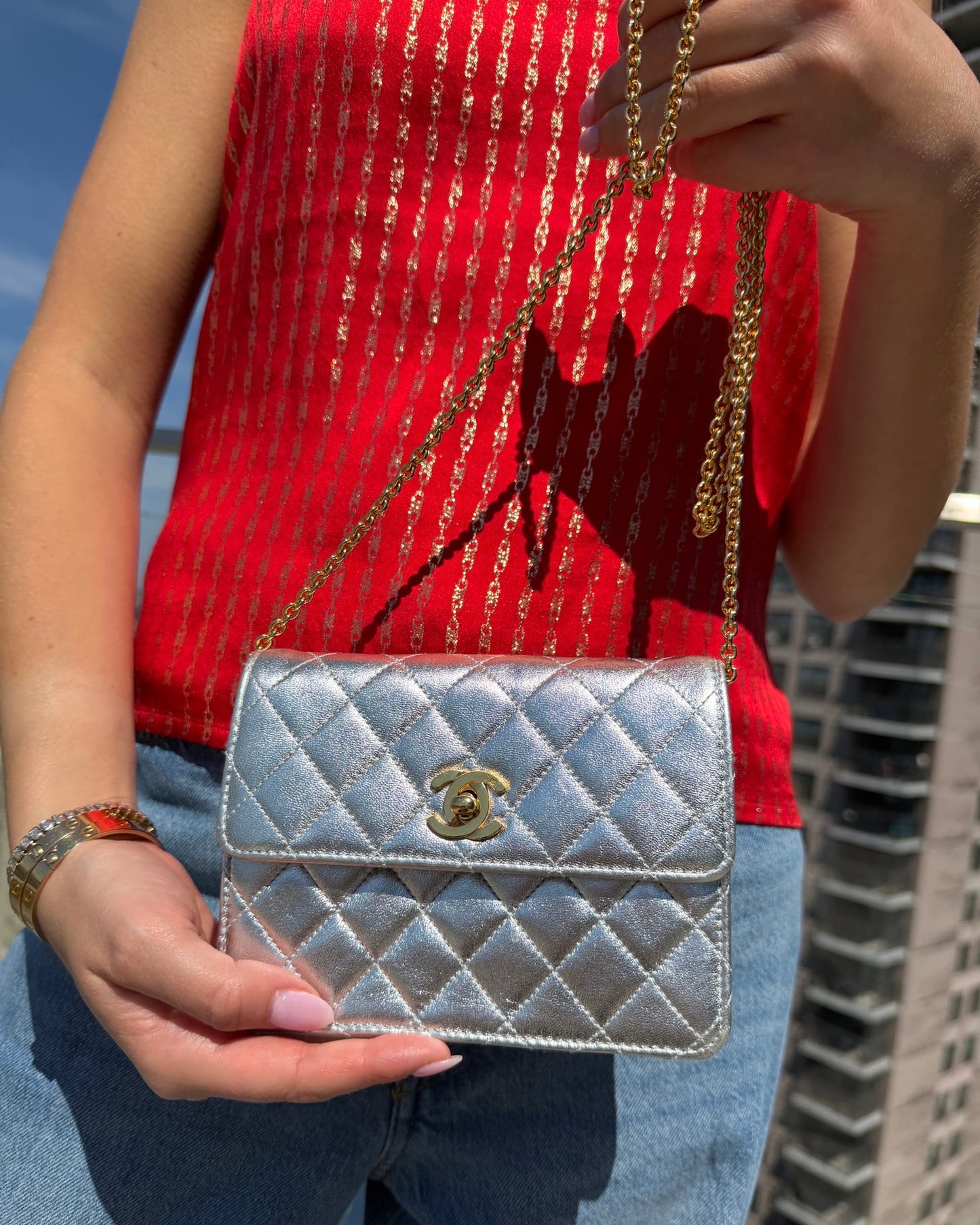 Chanel Vintage 90’s Metallic Silver Quilted Lambskin Micro Mini Square Flap Bag with 24K GPHW