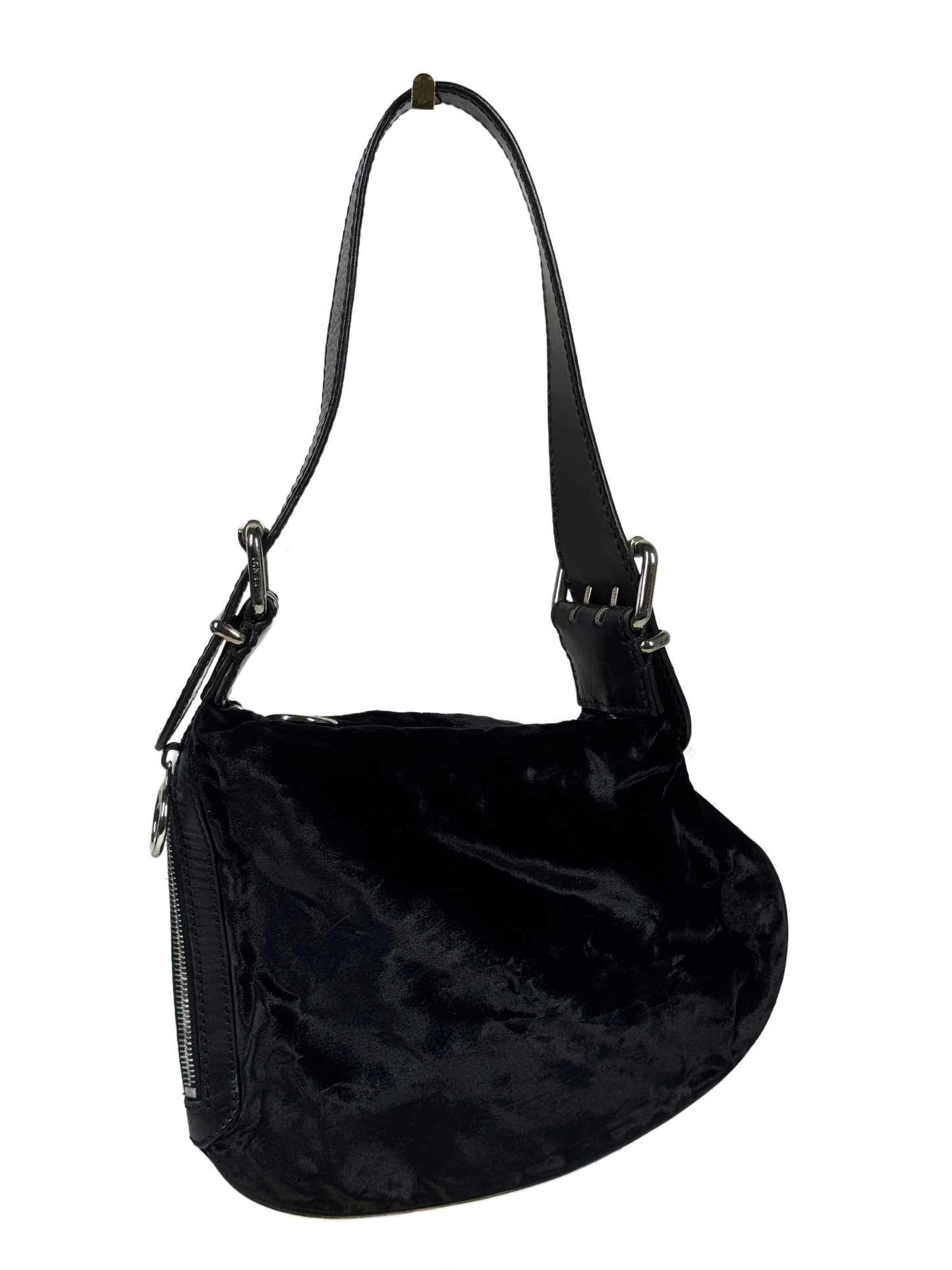 Fendi Vintage Black Velvet Velour Asymmetrical Shoulder Bag