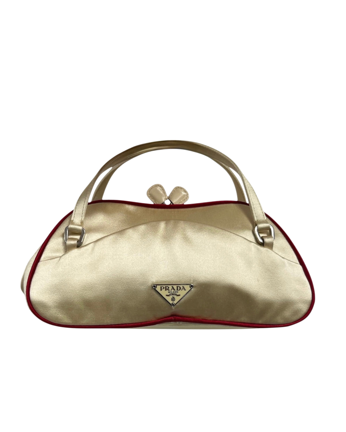 Prada Vintage Ivory with Red Piping Satin Kisslock Mini Top Handle Evening Bag with Mirror