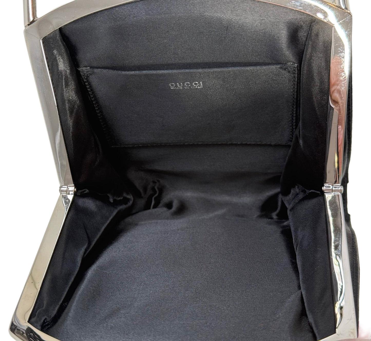 Gucci Vintage Tom Ford Era Black Satin Mini Metal Top Handle Kelly Style Evening Clutch Bag