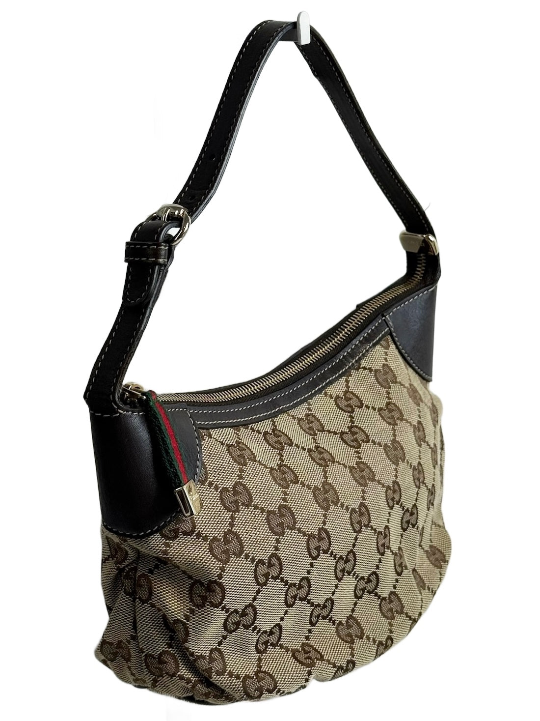 Gucci Vintage Brown GG Monogram Brown Leather Trim Webb Stripe Pull Ruffle Small Pochette Bag