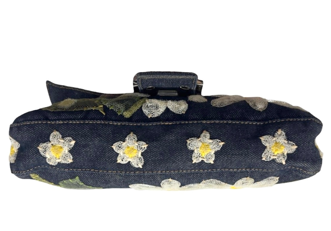 Fendi Vintage Blue Denim Mesh Tulle Daisy Floral Mirror Embellished Shoulder Baguette Bag