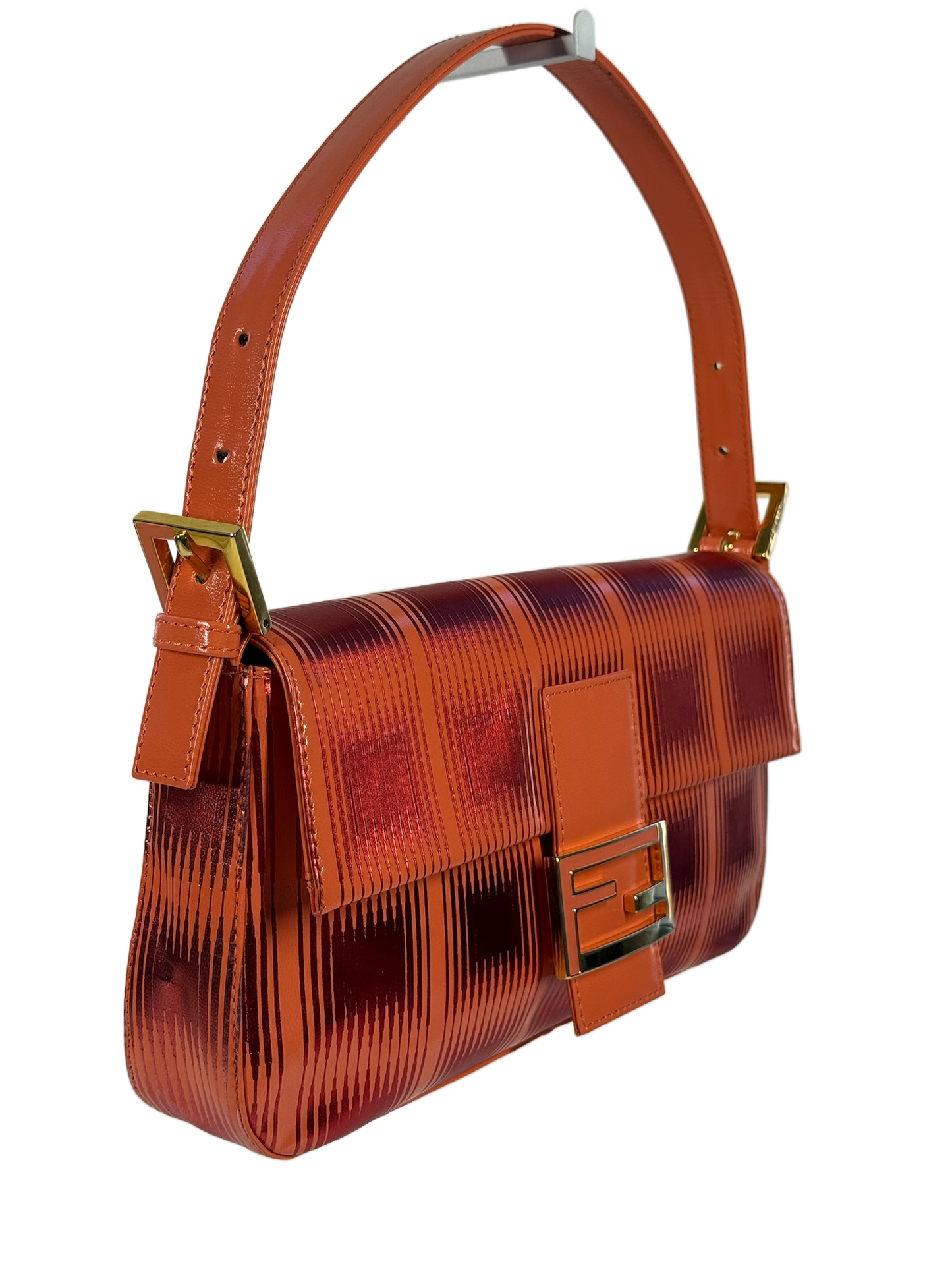 Fendi Vintage Orange Leather Metallic Red Shoulder Baguette Bag