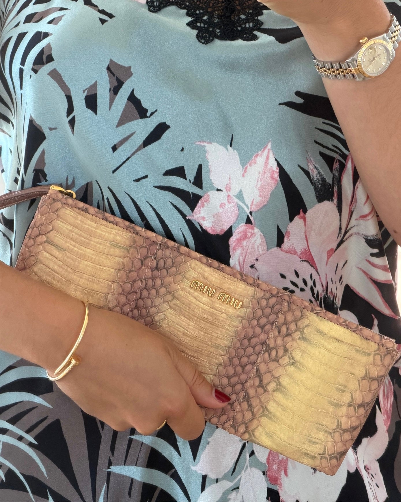 Miu Miu Vintage Metallic Pink and Gold Python Wristet Clutch