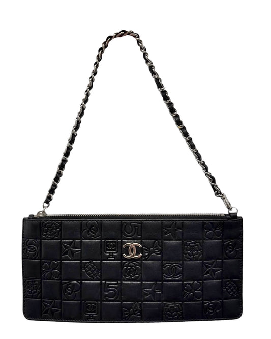 Chanel Vintage 00s Black Quilted Chocolate Bar Lambskin Embossed Motif Logo Shoulder Pochette Bag