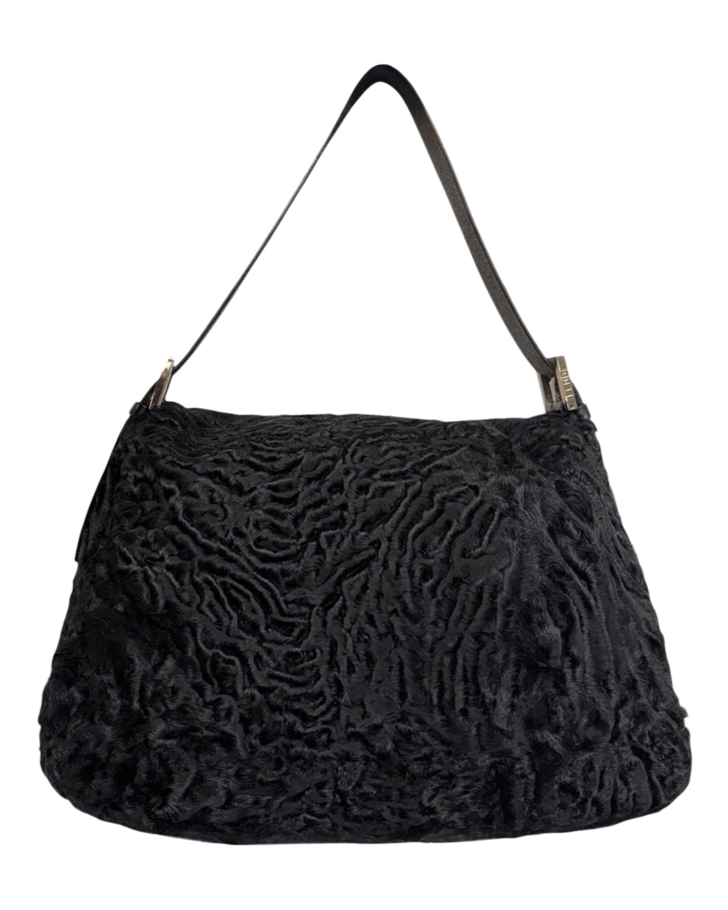 Fendi Vintage Black Astrakhan Persian Lamb Fur Mamma Baguette Shoulder Bag 