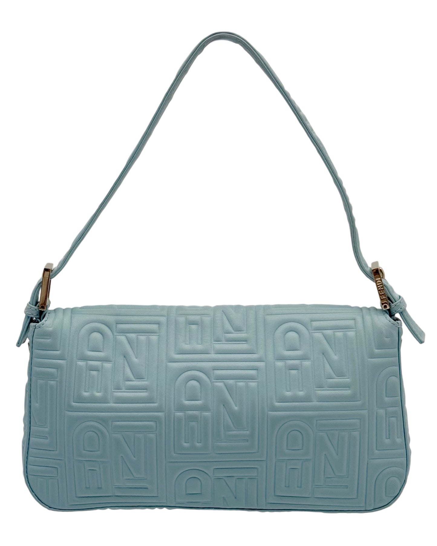 Fendi Vintage Blue Nappa Embossed Logo Leather Shoulder Baguette Bag