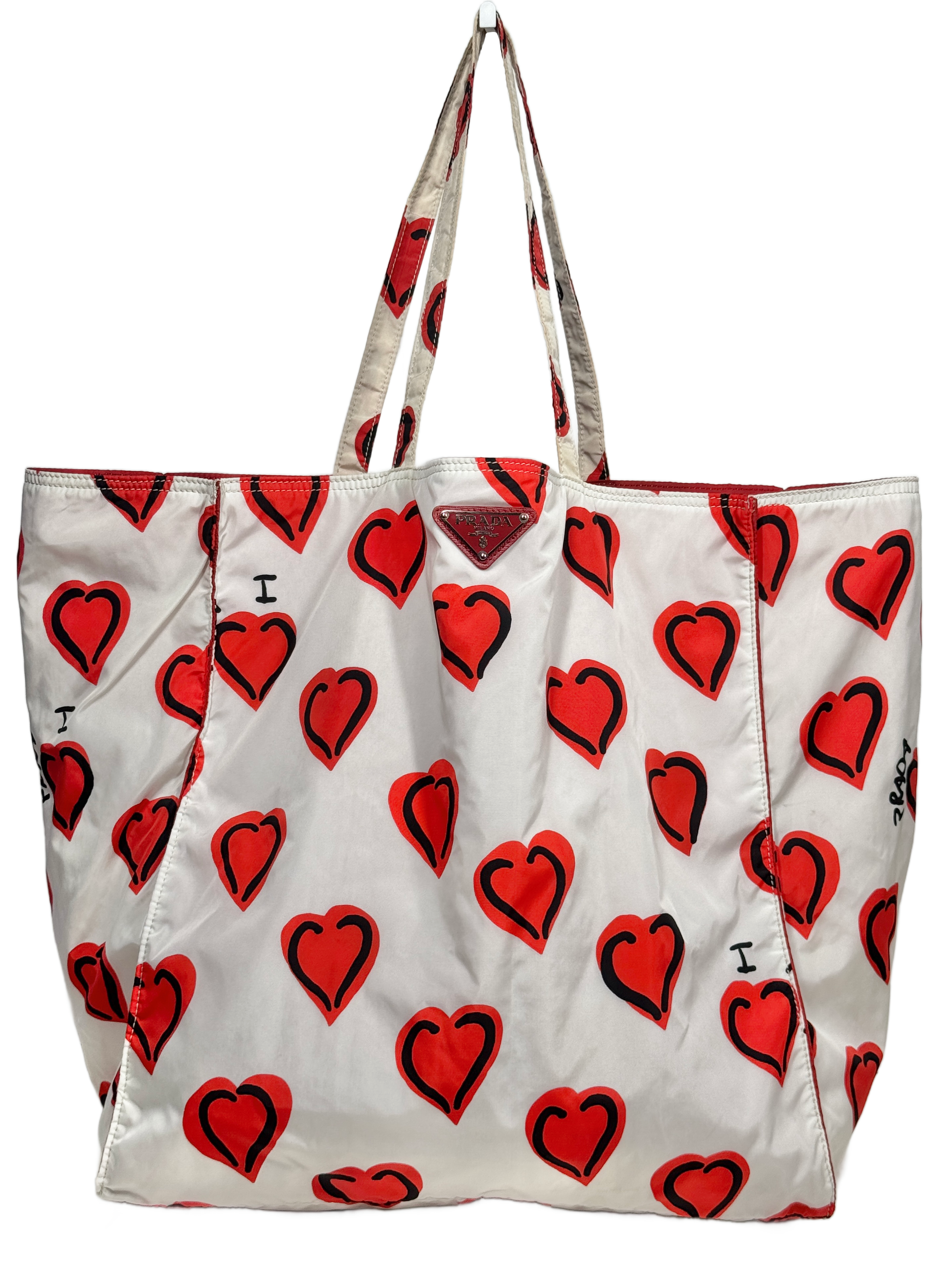 Prada Vintage White Nylon Red Heart Logo Large Shoulder Tote Bag