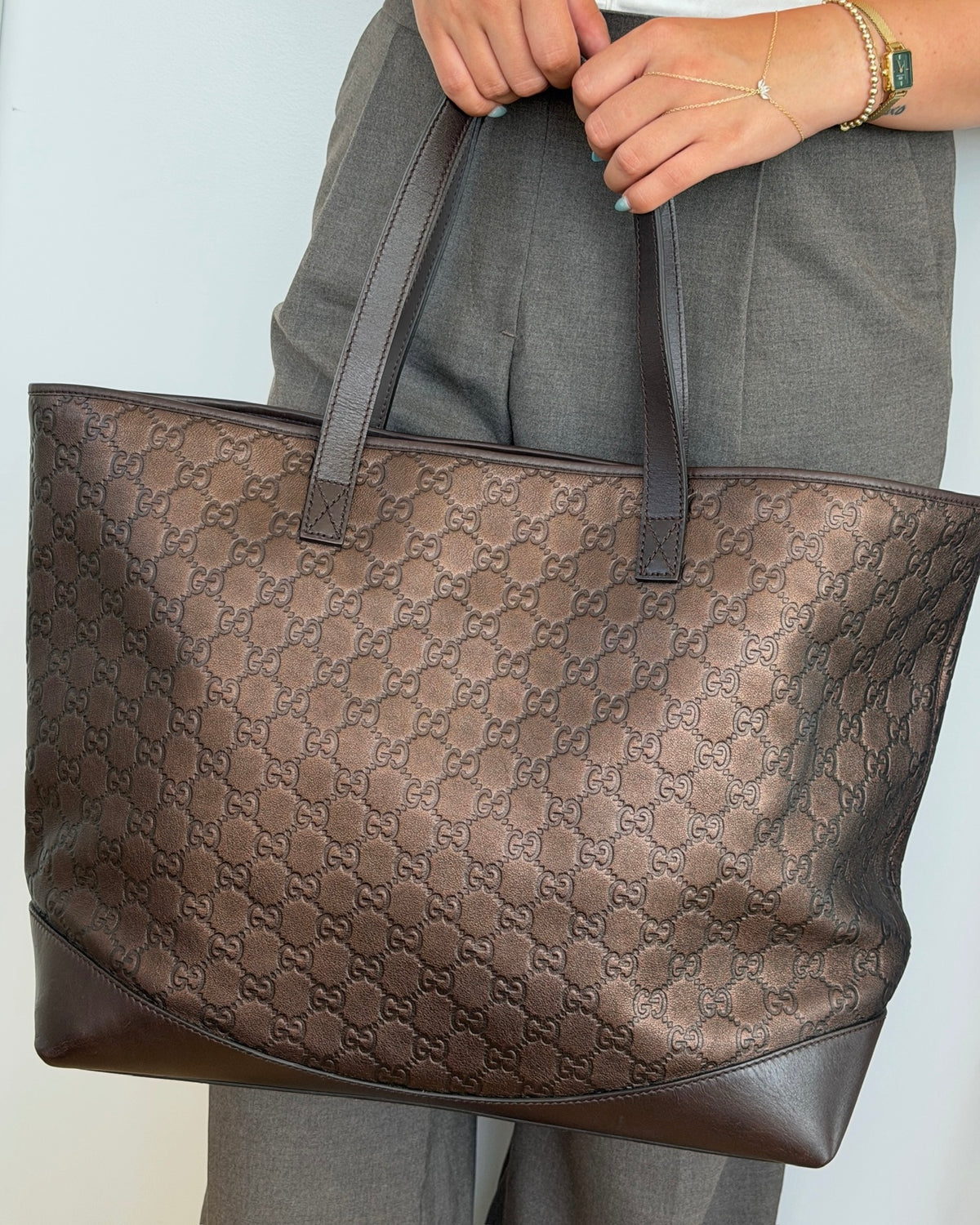 Gucci Vintage Dark Brown Lambskin GG Monogram Large Shoulder Tote Bag