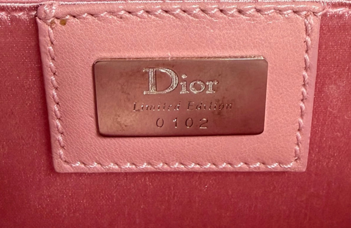 Dior Vintage 2005 Pink Satin Floral Beaded Embellished D Logo Wristlet Clutch Evening Bag Limited Edition #0102