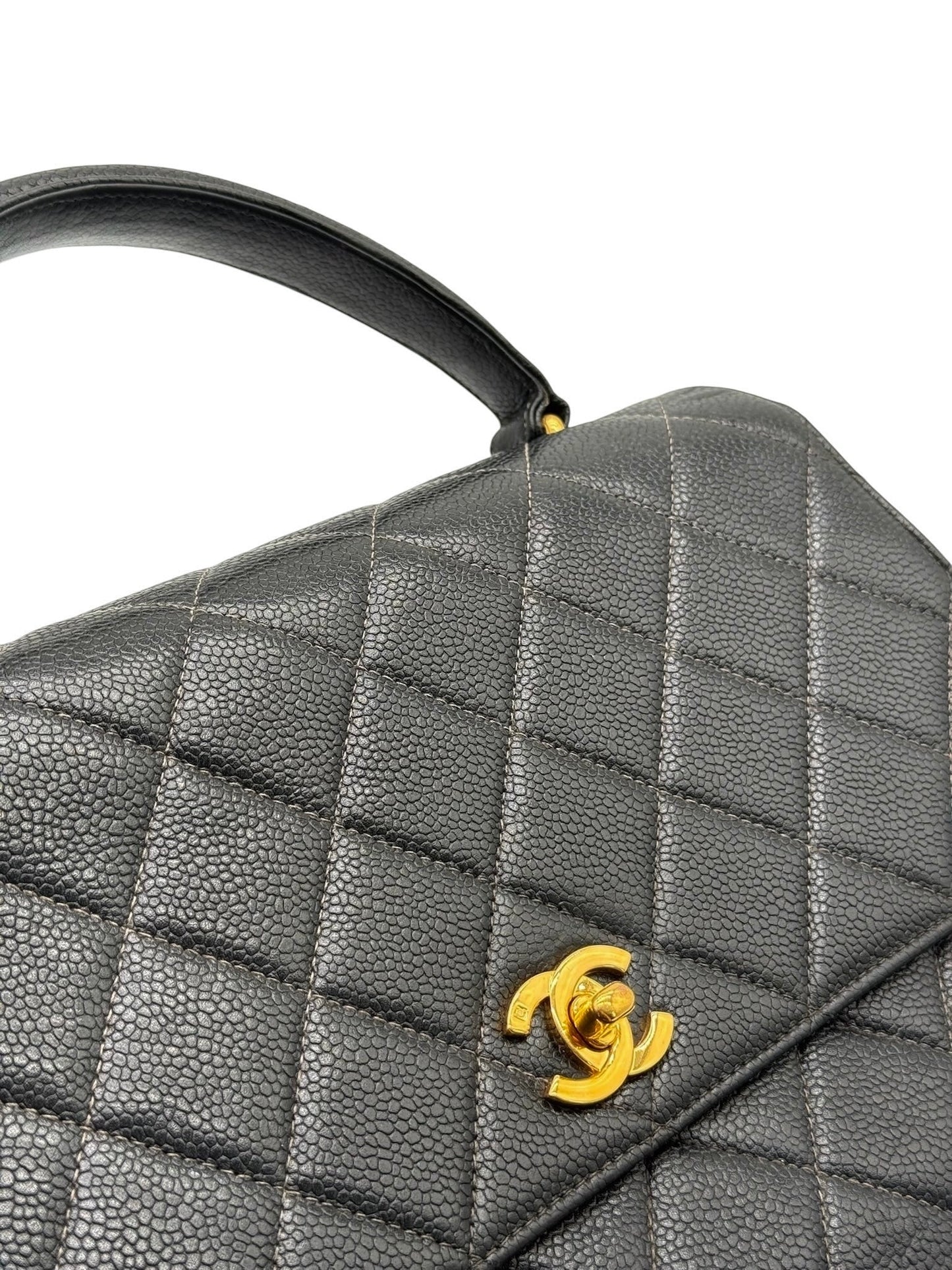 Chanel Vintage 90s Black Quilted Caviar Large Kelly Top Handle Flap Bag