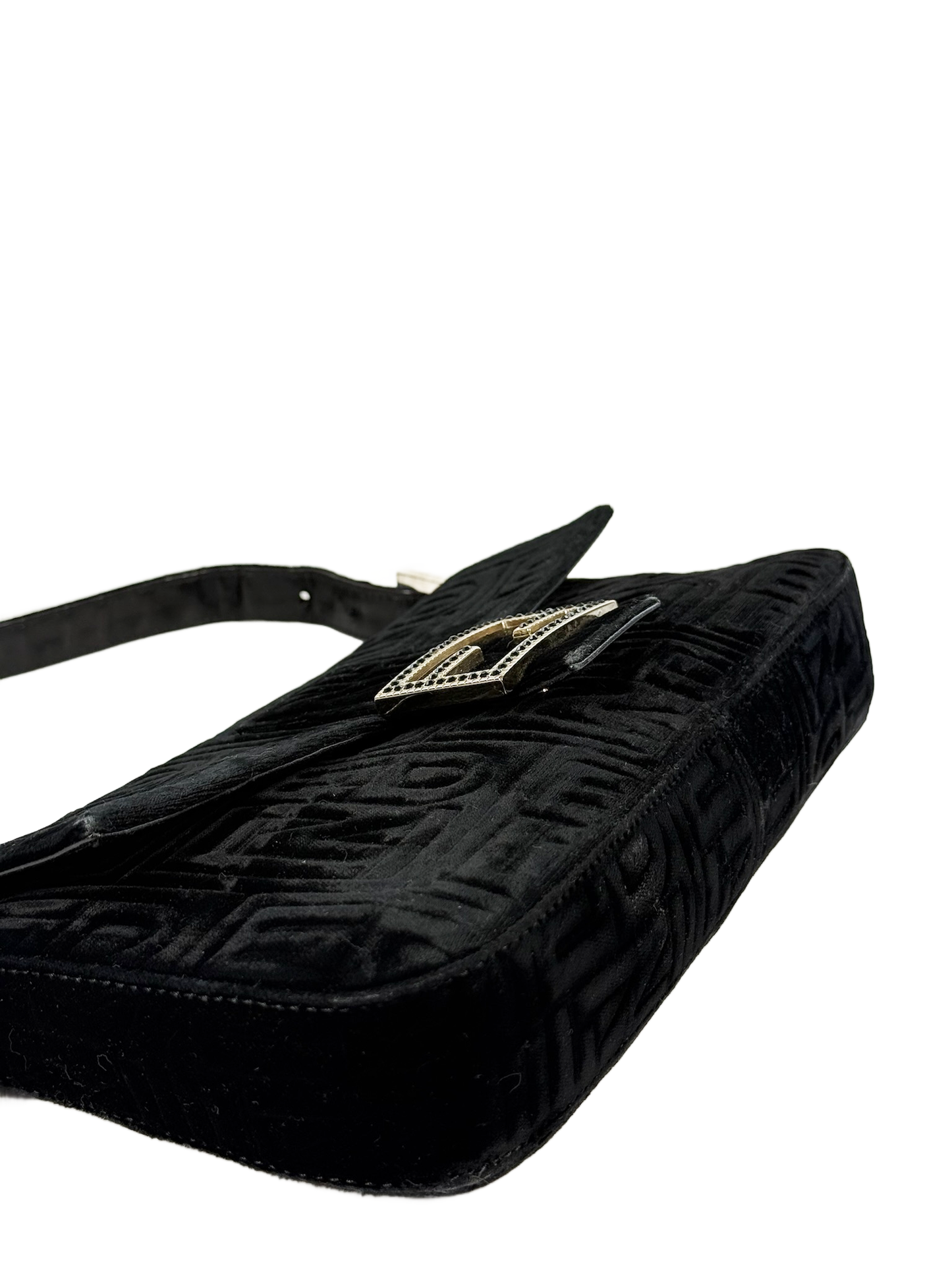 Fendi Vintage Black Embossed Monogram Velvet Velour Shoulder Baguette Bag w Gold Crystal Logo