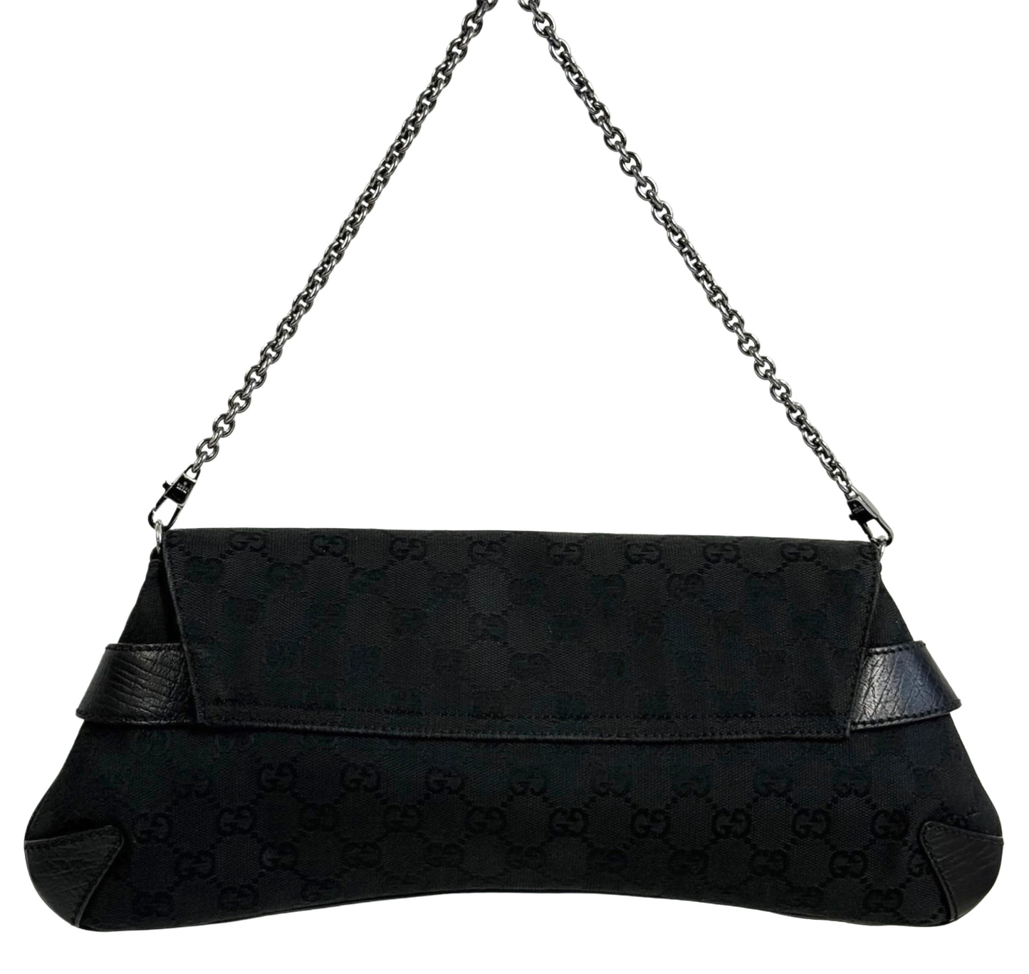 Gucci Vintage Black GG Monogram Horsebit Large Clutch Shoulder Bag