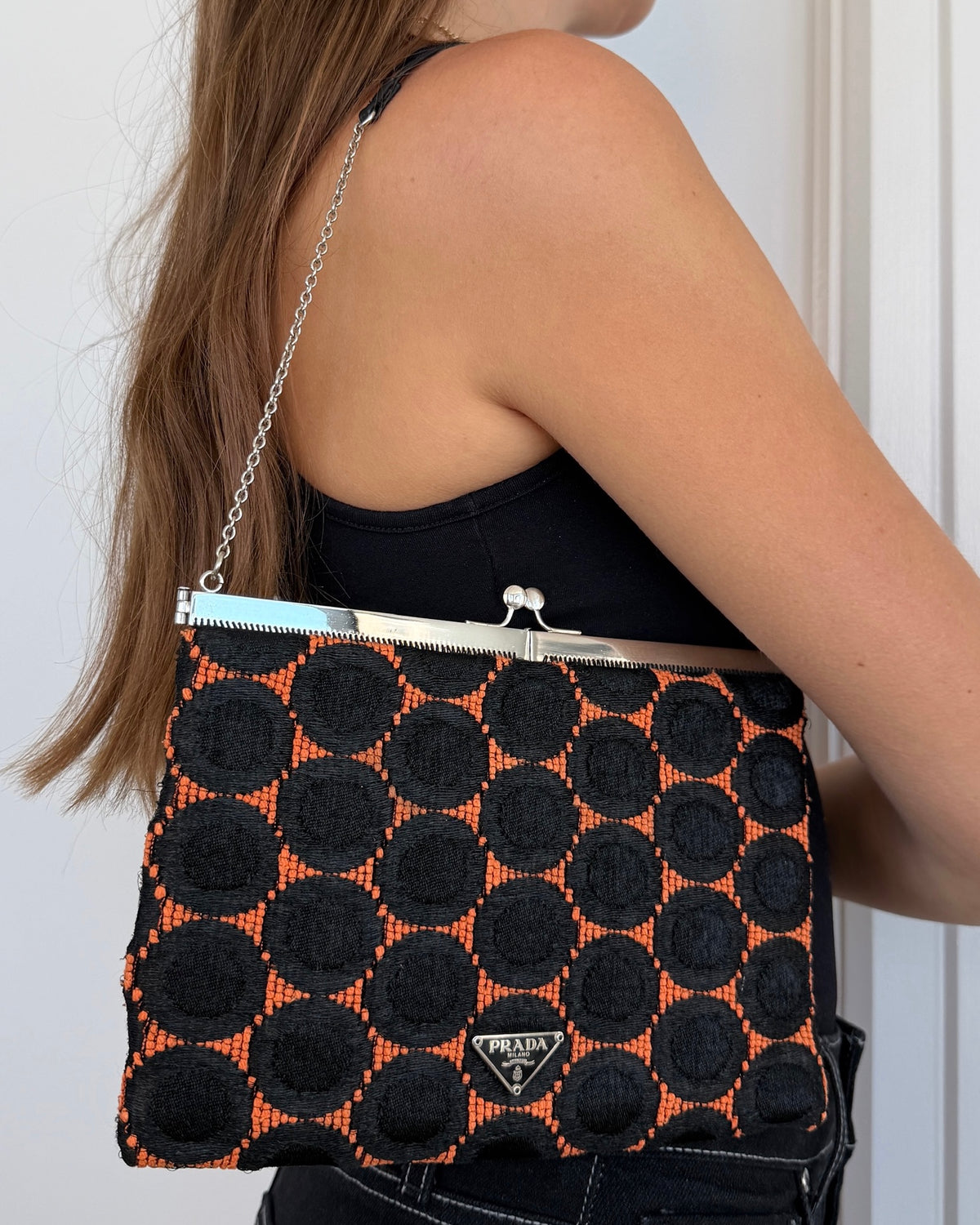 Prada Vintage Black & Orange Polka Dot Kisslock Chain Clutch Shoulder Bag