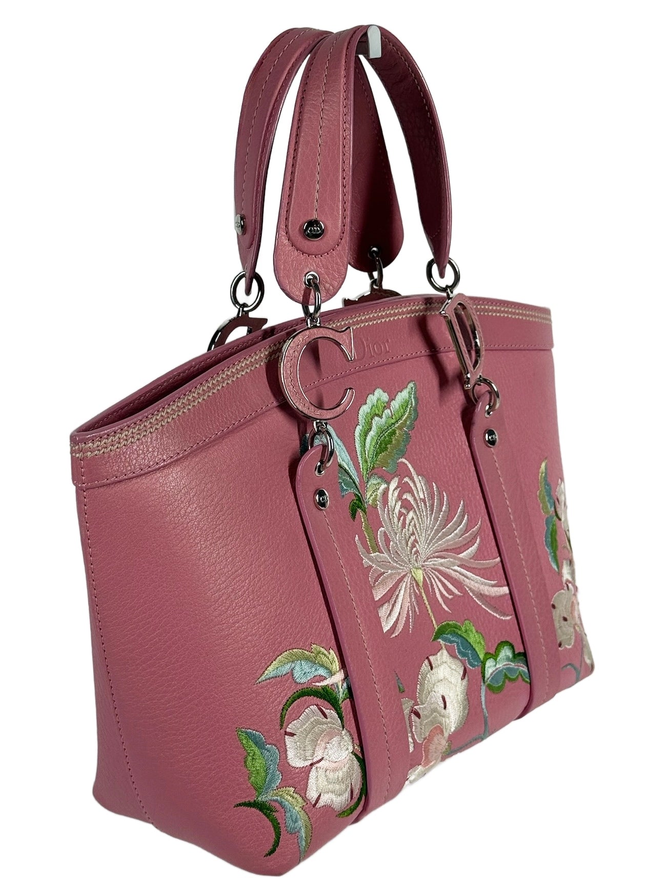 Dior Vintage 2005 Pink Embroidered Floral Leather Small Top Handle Tote Bag