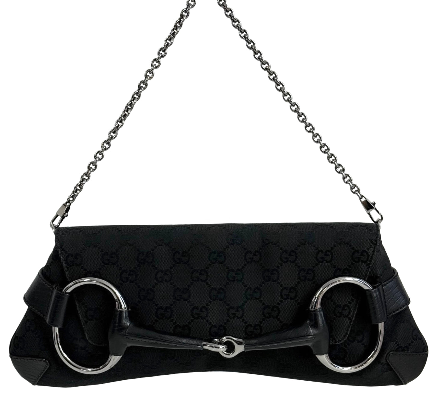 Gucci Vintage Black GG Monogram Horsebit Large Clutch Shoulder Bag