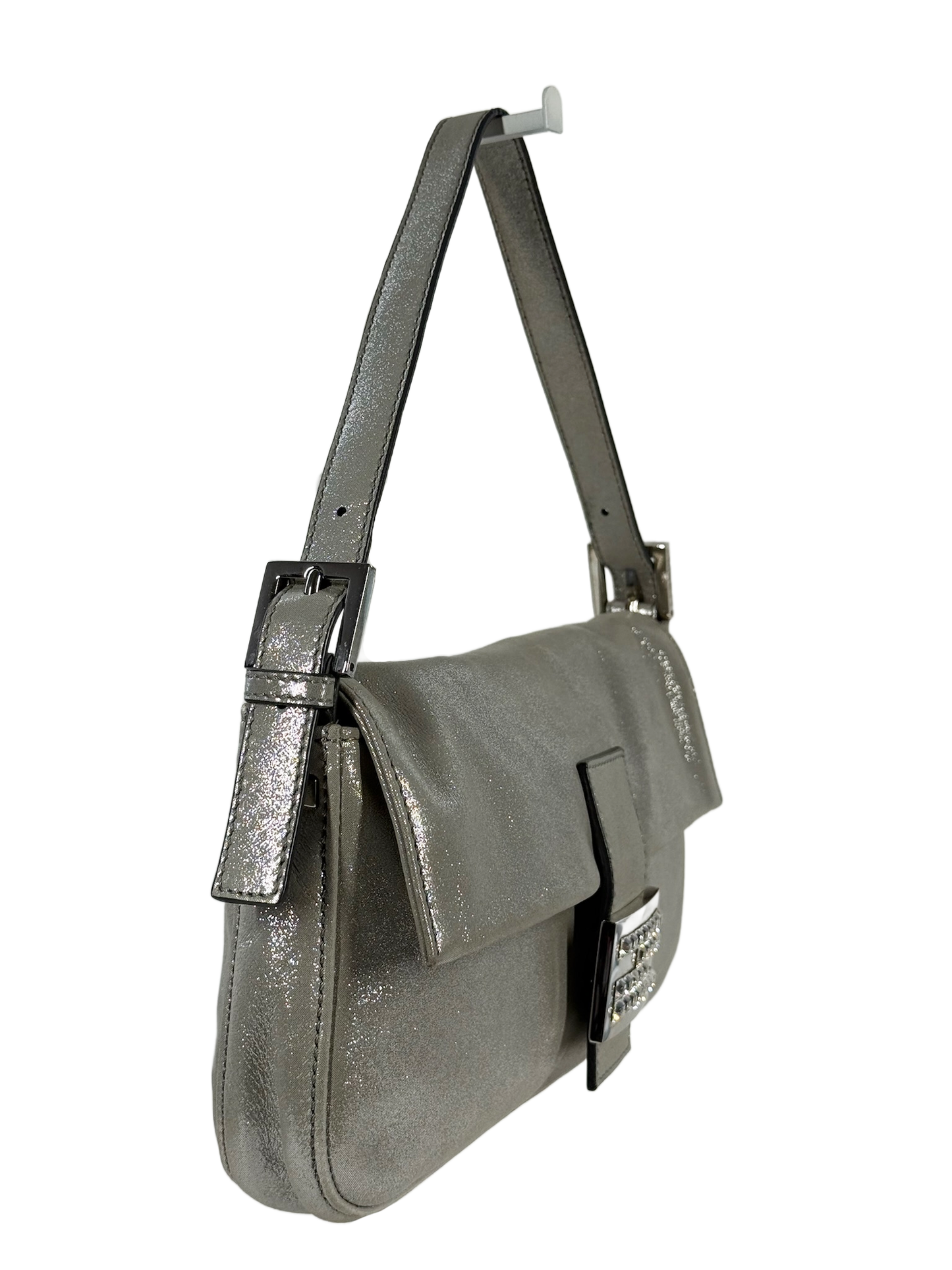 Fendi Vintage Metallic Silver Leather Crystal Logo Shoulder Baguette Bag