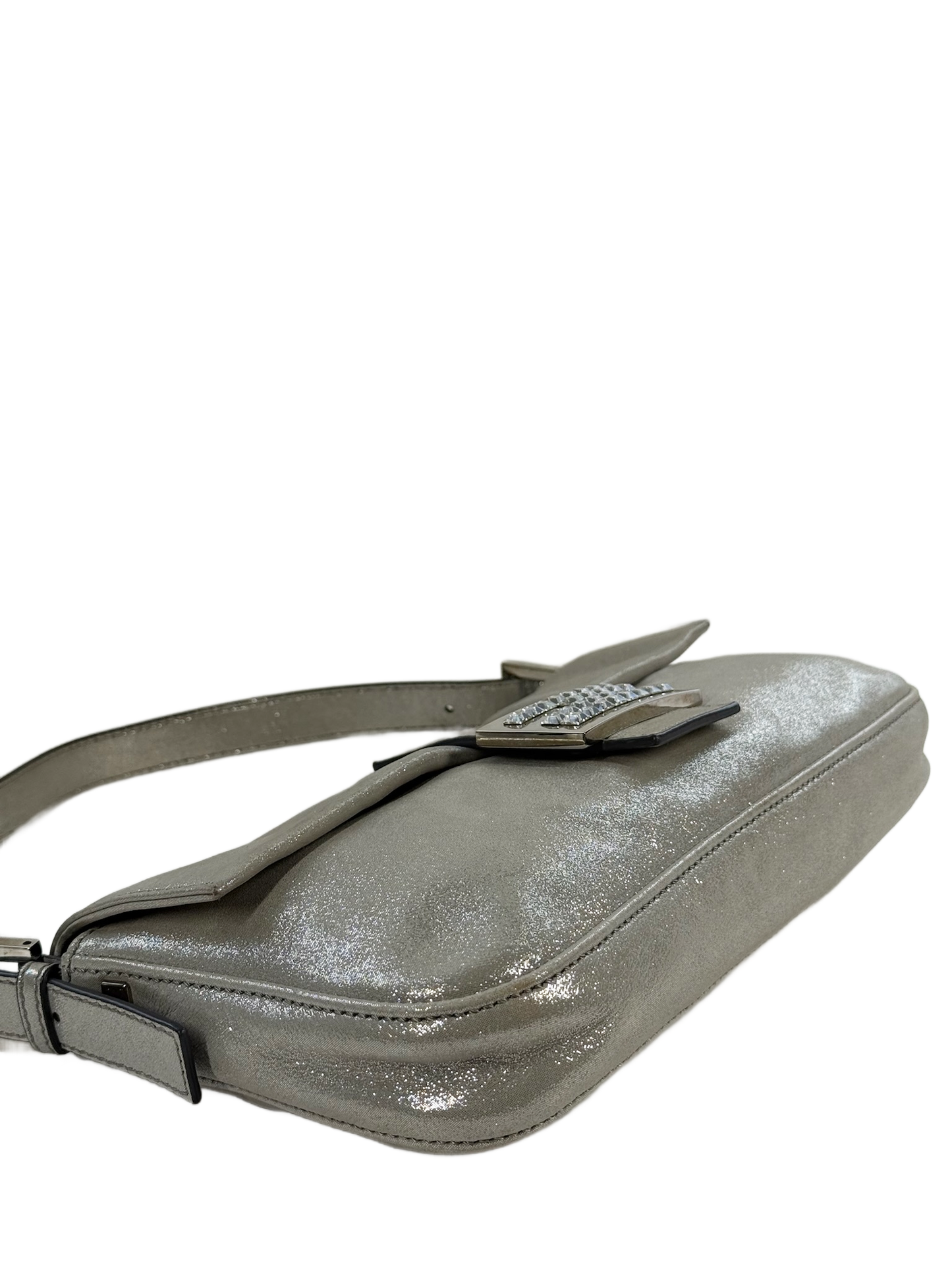 Fendi Vintage Metallic Silver Leather Crystal Logo Shoulder Baguette Bag