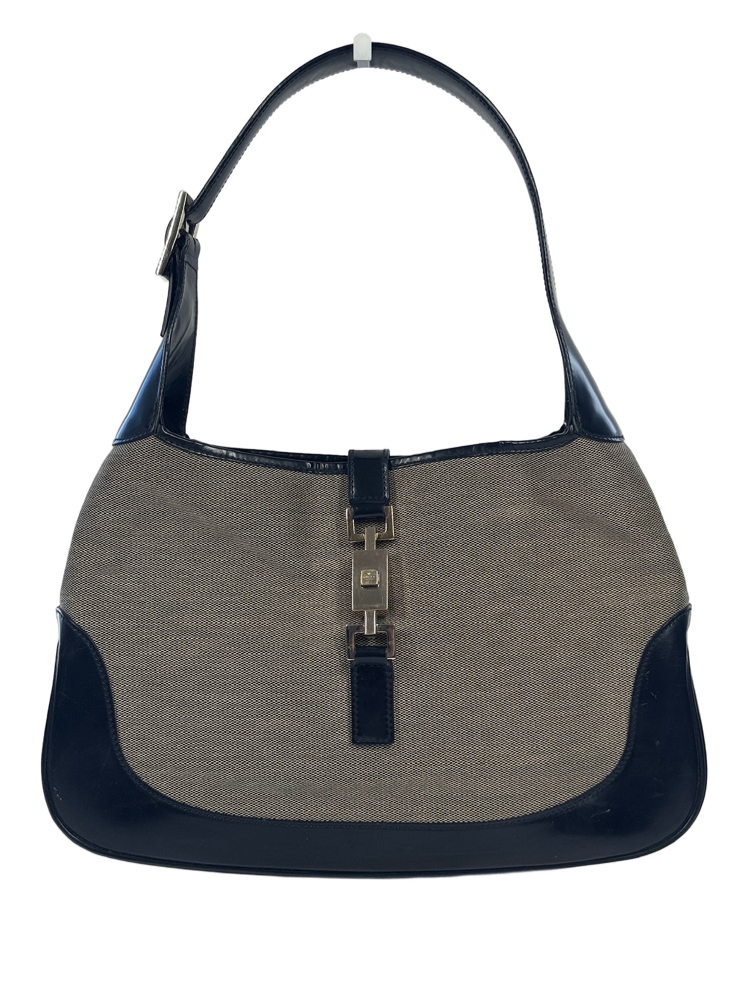 Gucci Vintage Medium Jackie O Beige Canvas Black Patent Leather Shoulder Bag