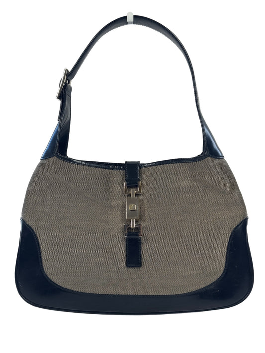 Gucci Vintage Medium Jackie O Beige Canvas Black Patent Leather Shoulder Bag