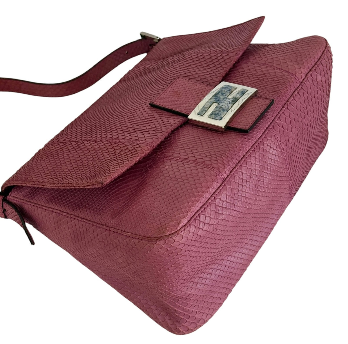 Fendi Vintage Fuchsia Pink Python Blue Marble Logo XL Mamma Shoulder Baguette Bag