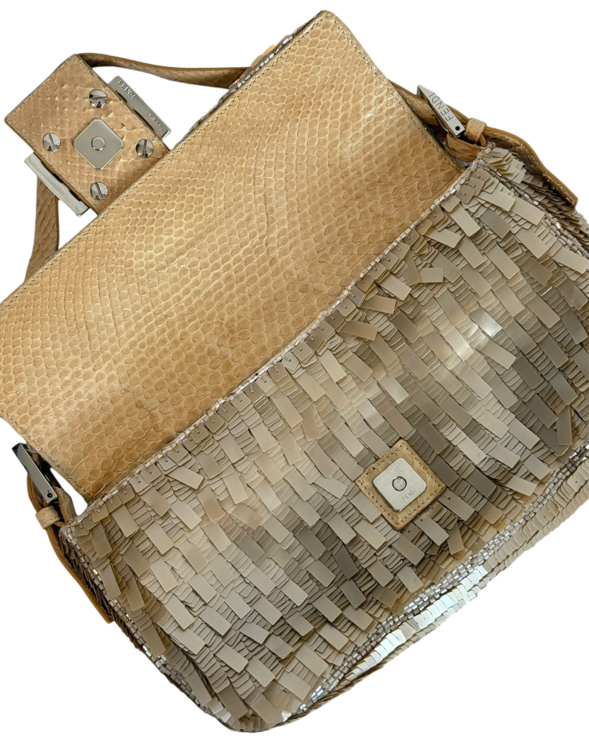 Fendi Vintage Champagne Gold Palliates Sequin Beaded Shoulder Baguette Bag with Python Trim