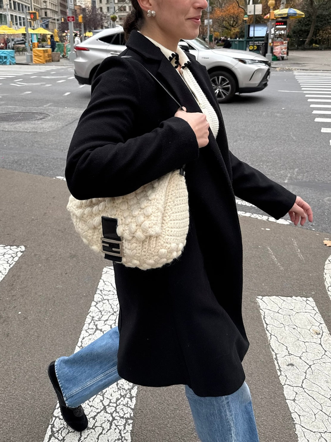 Fendi Vintage Ivory Crochet Knit Mamma Shoulder Baguette Bag