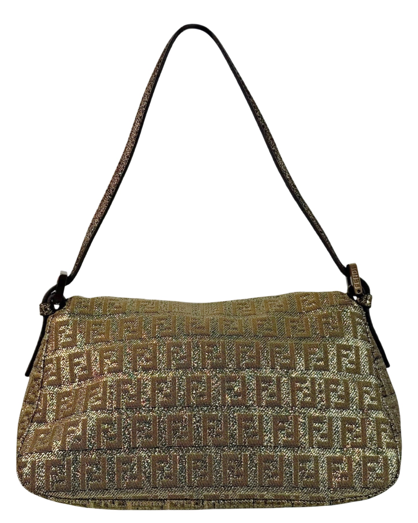 Fendi Vintage Metallic Gold Glitter Zucchino Zucca Monogram Mini Mamma Baguette Shoulder Bag