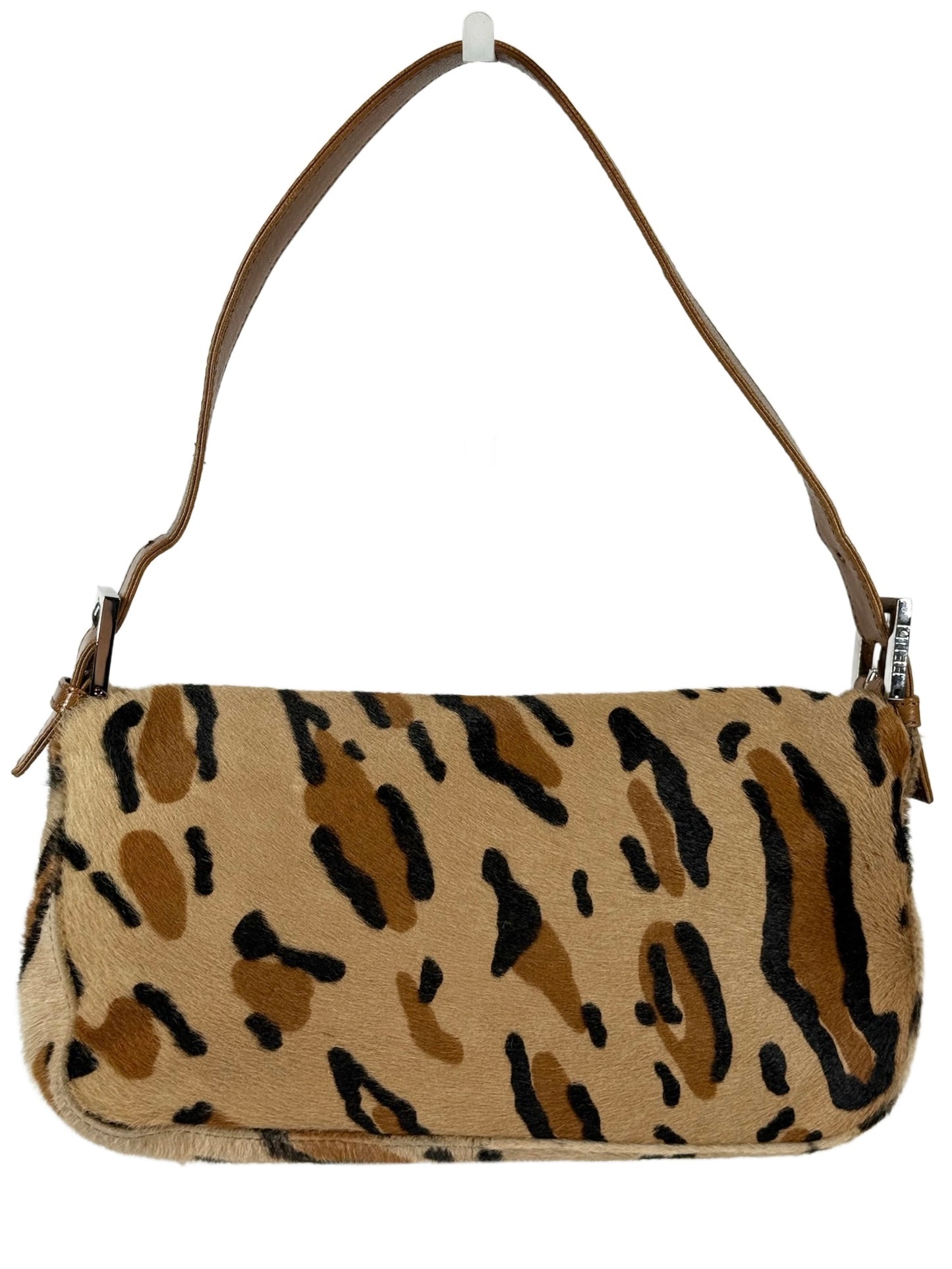 Fendi Vintage Beige Brown Leopard Print Pony Hair Shoulder Baguette Bag