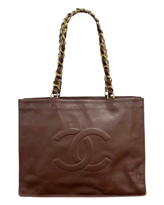 Chanel Vintage 90s Brown Lambskin Timeless CC Shopper Shopping Shoulder Tote Bag with 24K GPHW