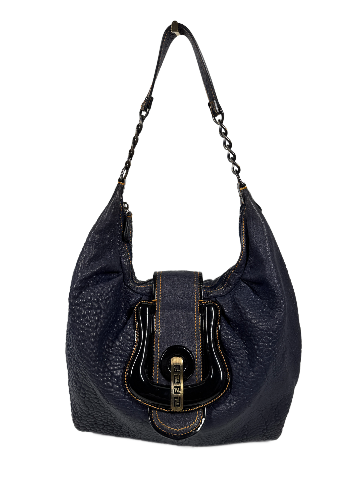 Fendi Vintage Navy Blue Leather & Black Patent Logo Buckle Large Hobo Shoulder Bag