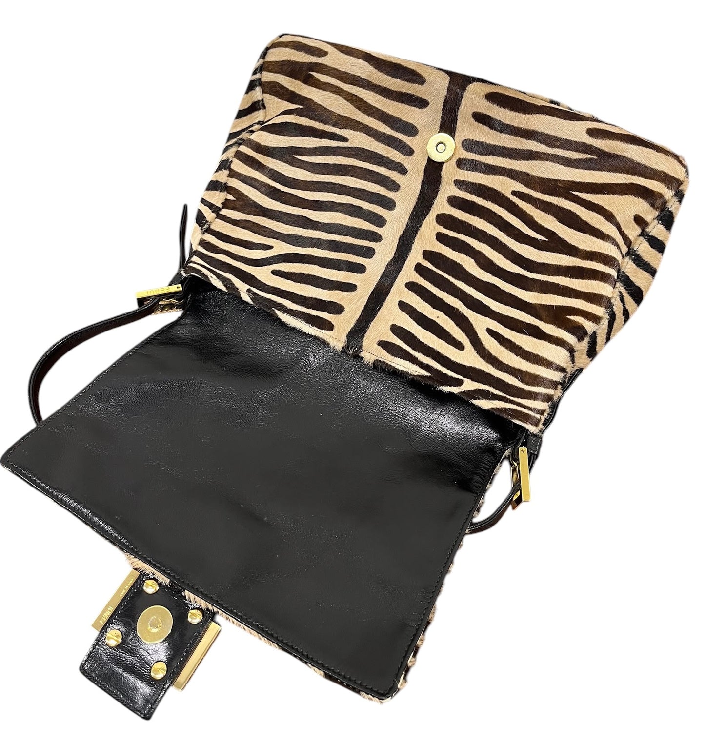 Fendi Vintage Zebra Print Pony Hair Mamma Baguette Shoulder Bag with Red Enamel Trim