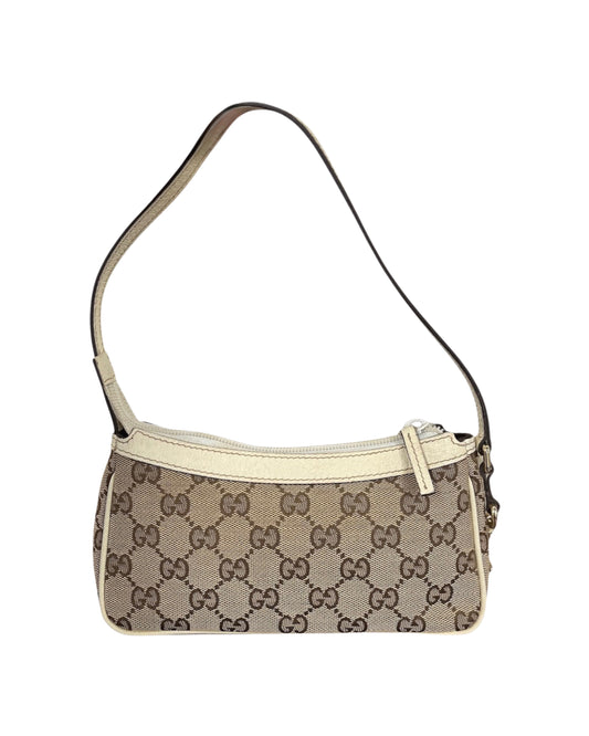 Gucci Vintage Brown GG Monogram Ivory Leather Trim Mini Charmy Shoulder Pochette Bag